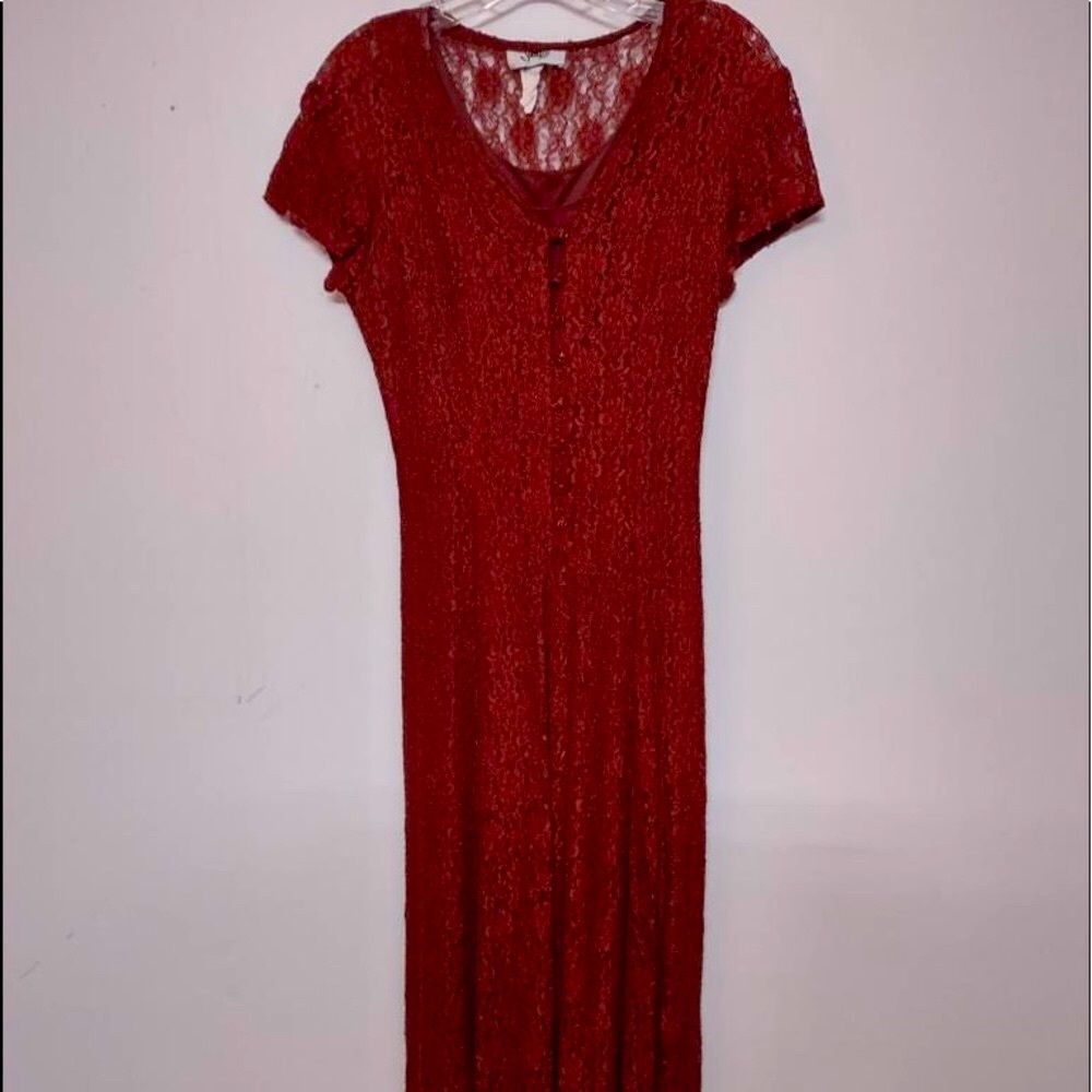 🌞 Judys Vintage 80s Elegant bohemian Lace Maxi Dress lace up back slip women SP
